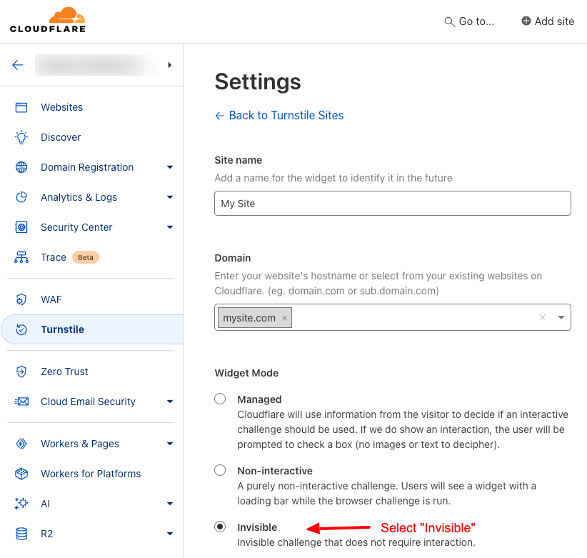 convert forms turnstile invisible site settings