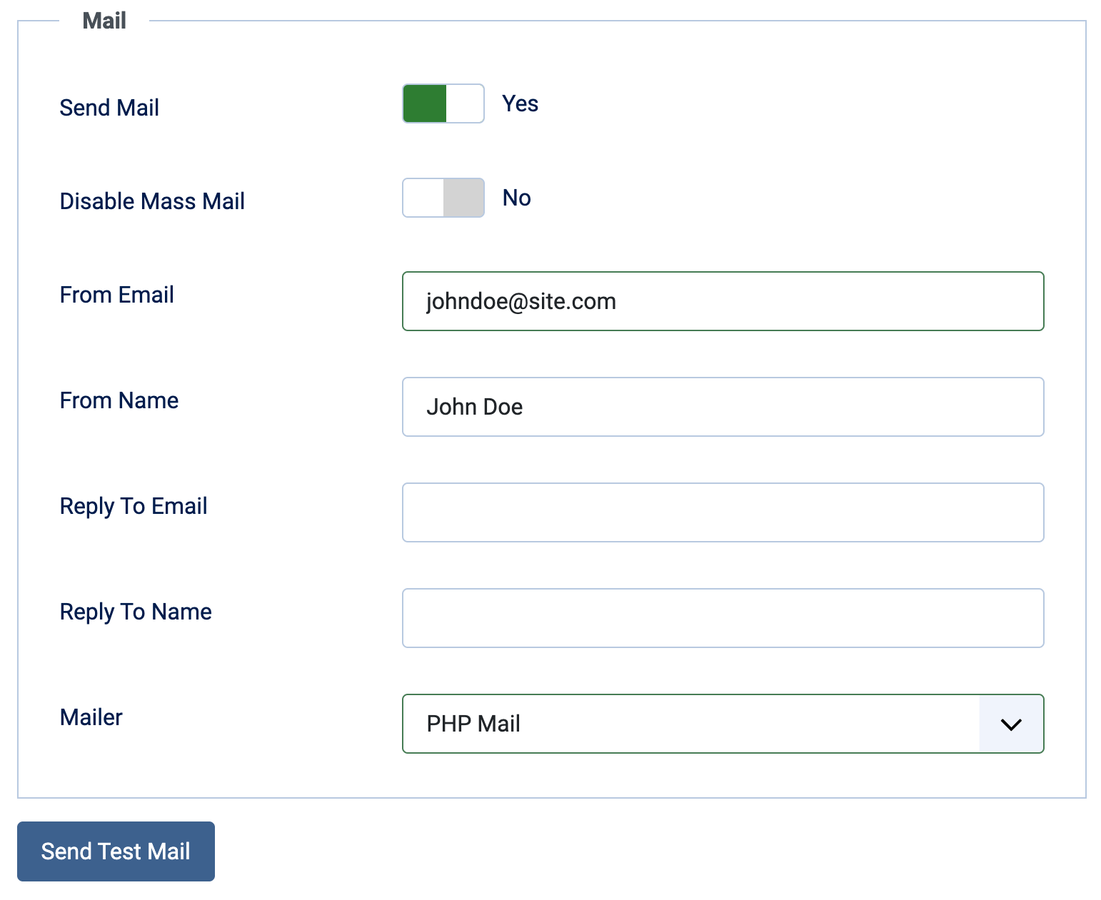 Global Configuration Mail Settings Default Settings