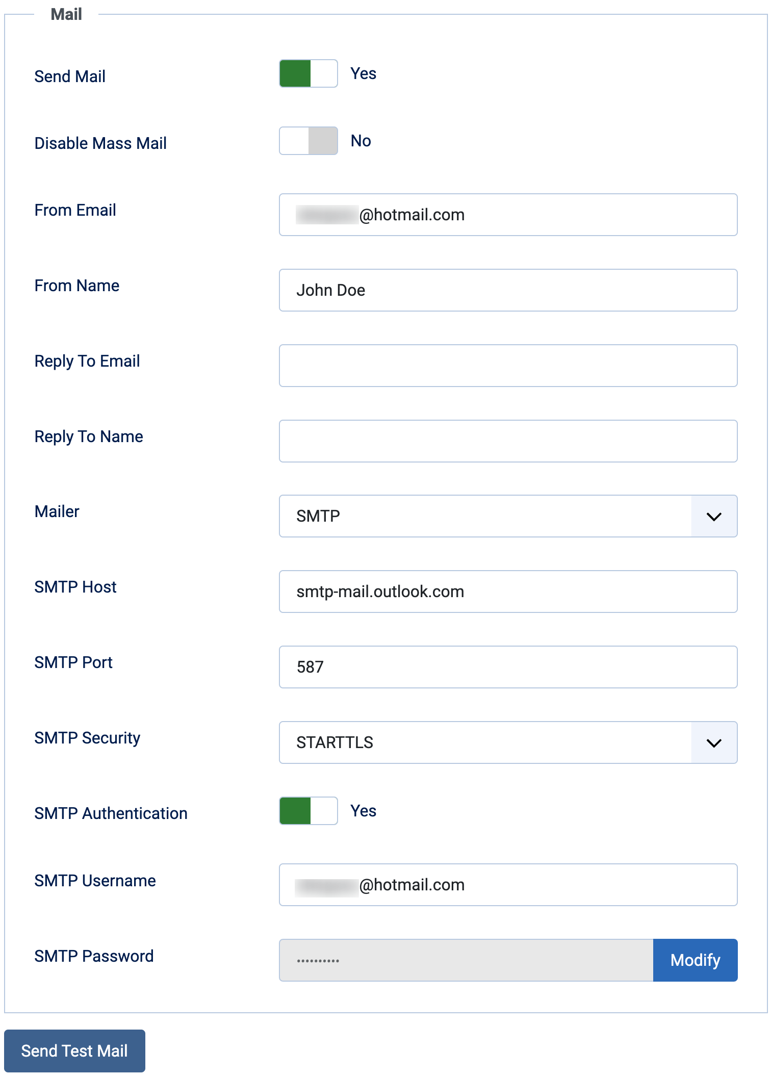 Global Configuration Mail Settings Outlook SMTP Settings