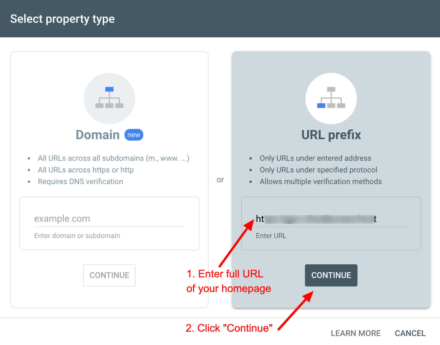 Enter your Joomla site URL to Google Search Console