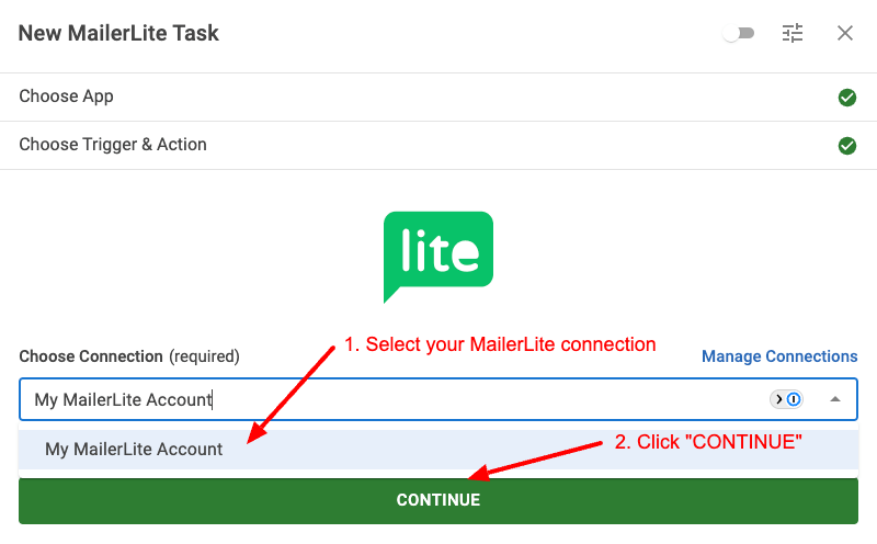 Select Connection MailerLite Task