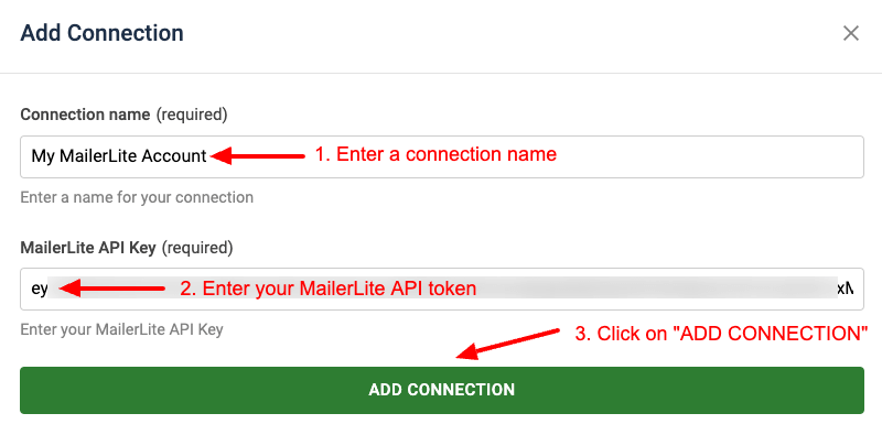 Add Connection Form MailerLite Task