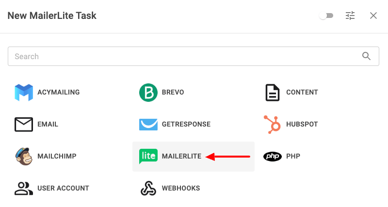 Select MailerLite Task
