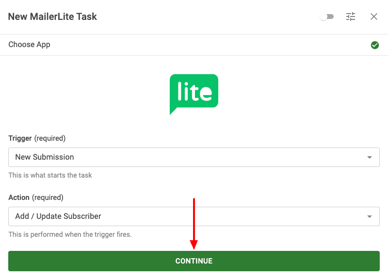 Select MailerLite Trigger and Action