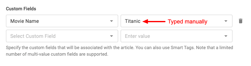 Type single value custom field value manually