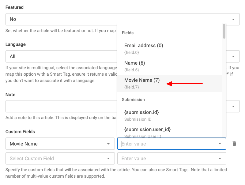 Select form field as the value of the single value custom field