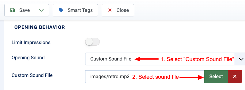 Use custom sound file that's already uploaded on your site as the opening sound for your popup