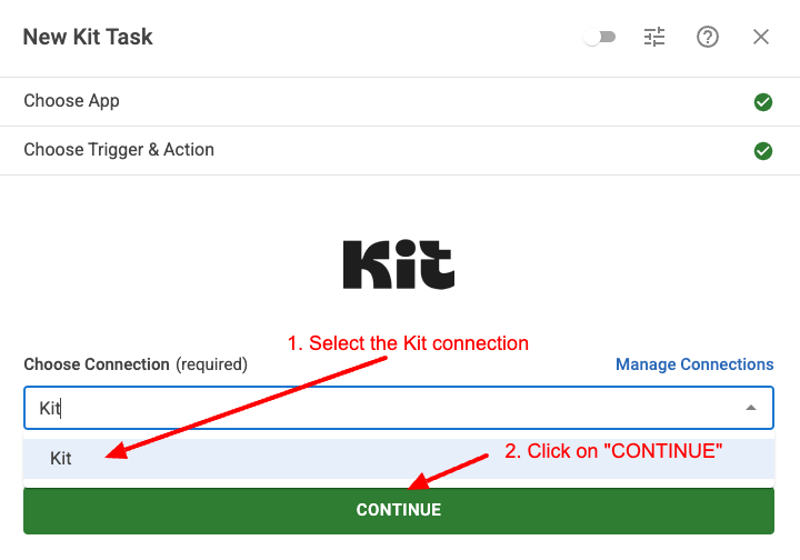 Select newly created Kit connection