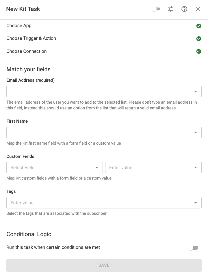 Set up the Kit integration email field, tags, and custom fields