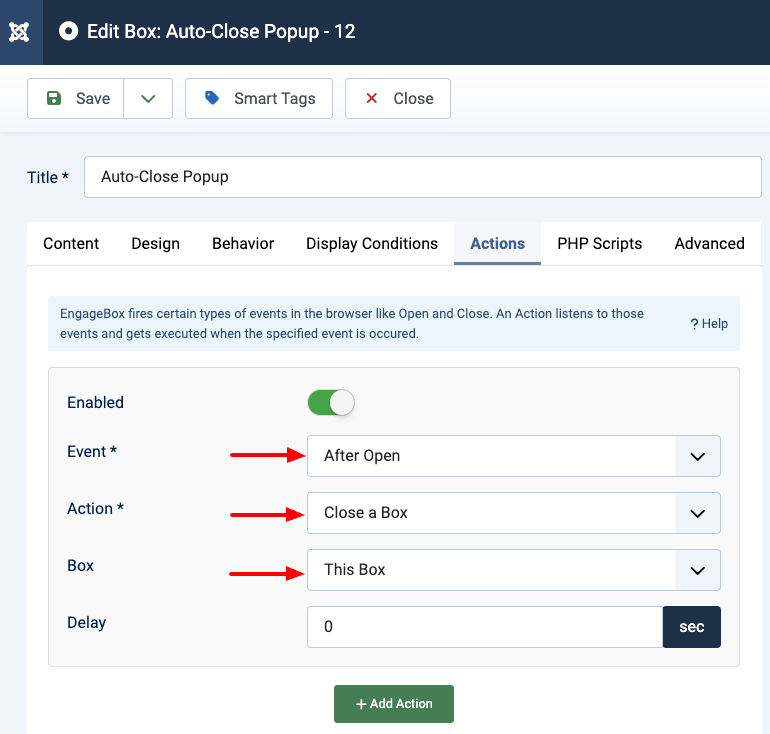 engagebox auto close timer settings