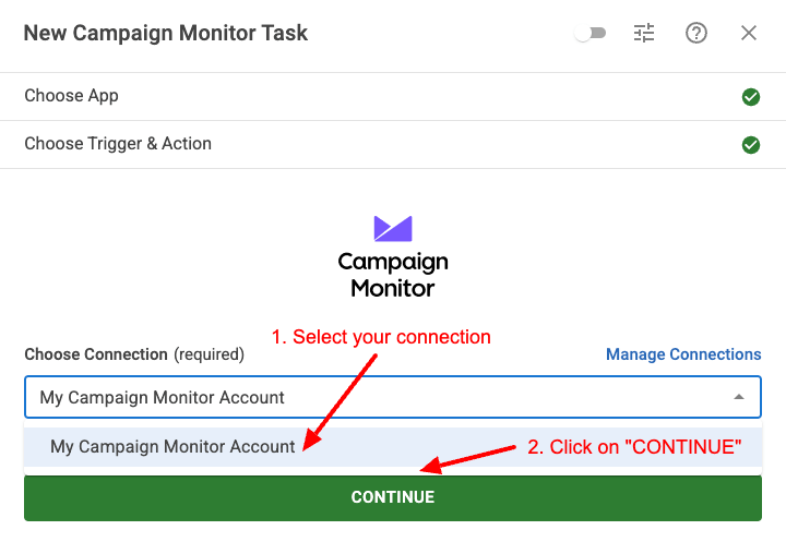 Select Connection Campaign Monitor Task