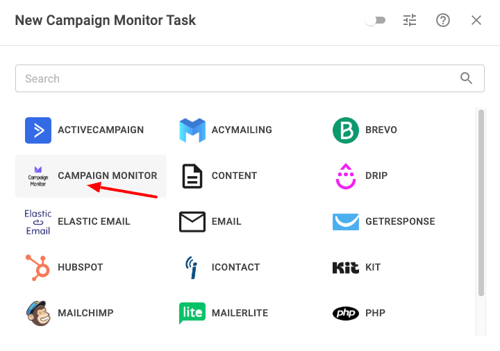 Select Campaign Monitor Task