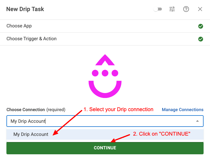 cf tasks drip connection continue step