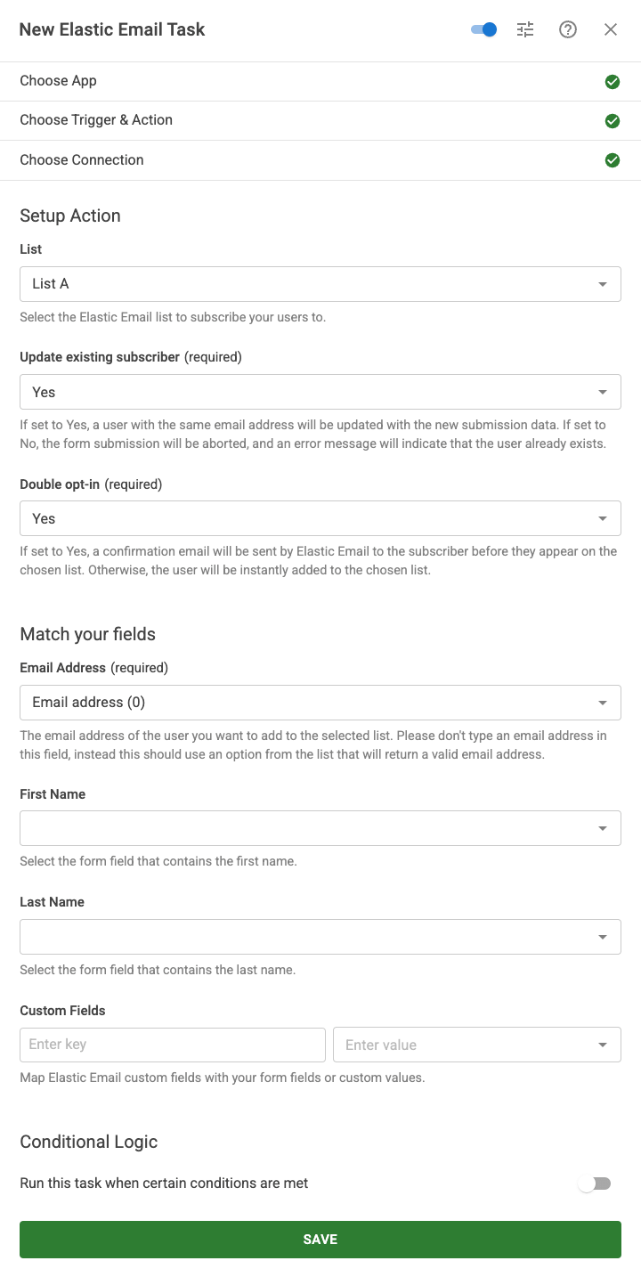 Setup Action Elastic Email Task