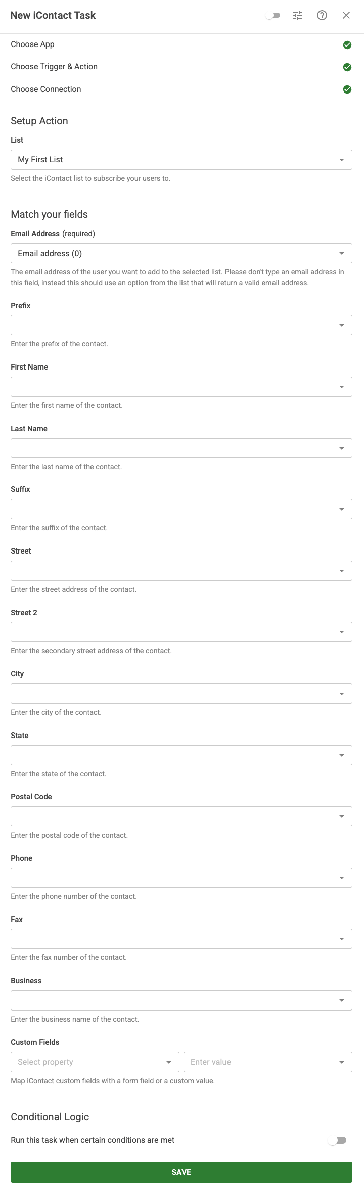 Setup Action iContact Task