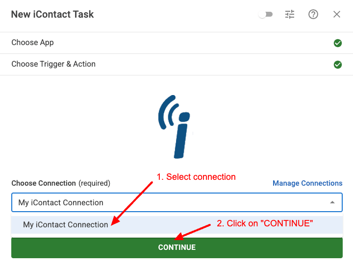 Select Connection iContact Task